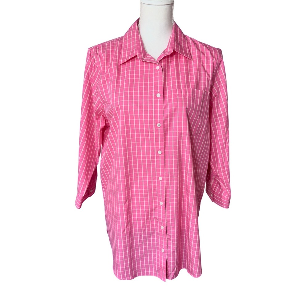 Lands'End No Iron Supima Cotton‎ Pink Grid Check Button Down Shirt Women's 14